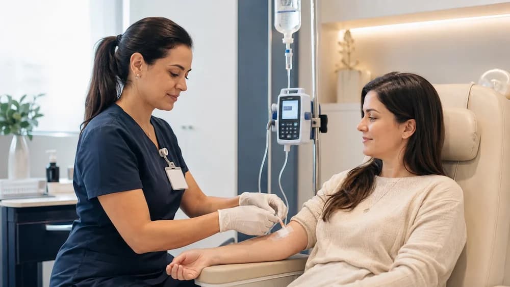 Aplicação de terapia injetável em ambiente clínico, por profissional habilitado
